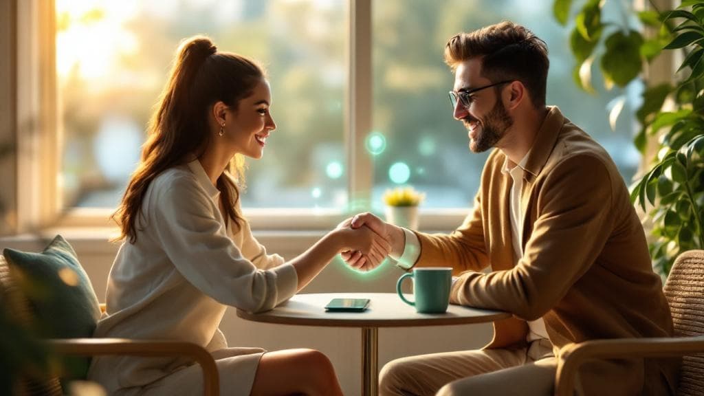 Two professionals shaking hands with confidence, symbolizing verified trust in digital interactions