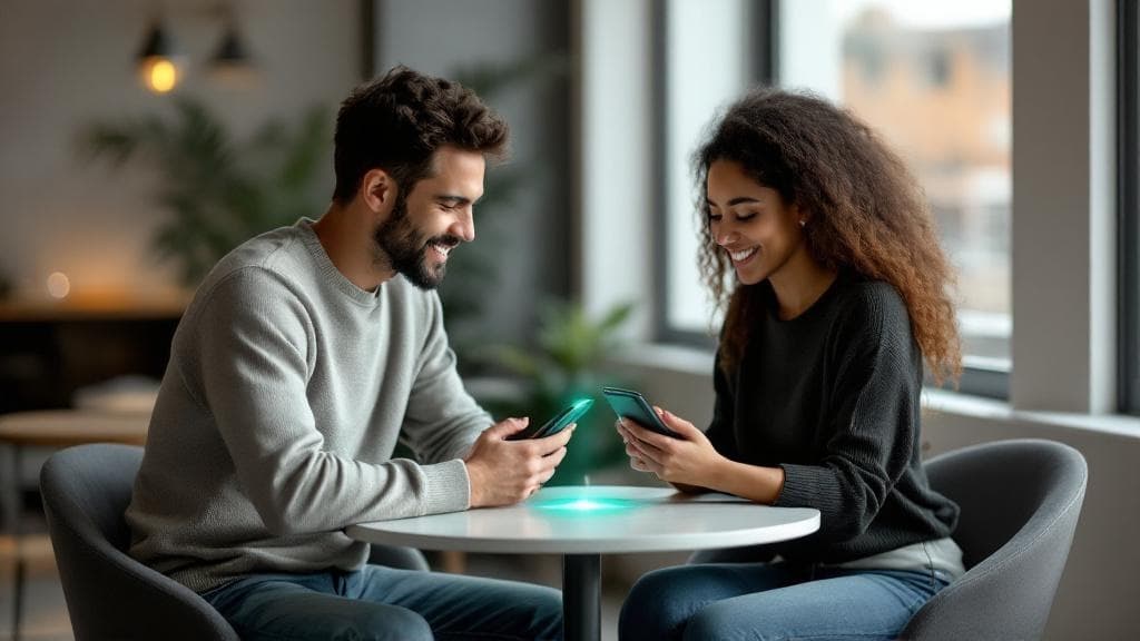 Two people verifying each other's identity on their phones with a trust glow between them